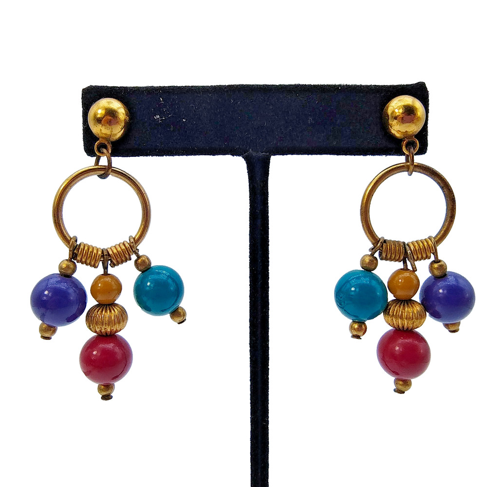 Vintage 80s Boho Statement Dangle Earrings Gold Tone Colorful Beads