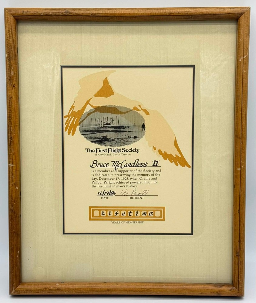 Astronaut Bruce McCandless II First Flight Society Lifetime Certificate 1985
