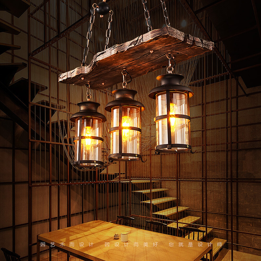 3-Light Farmhouse Loft Rustic Chandelier Wood Pendant Ceiling Light Fixture Lamp