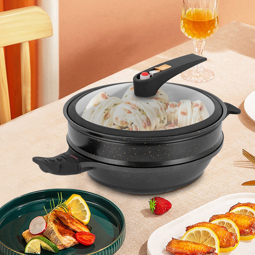Non-stick Frying Pan Micro Pressure Wok&Steamer Basket & Lid Anti-scald?Gloves ?