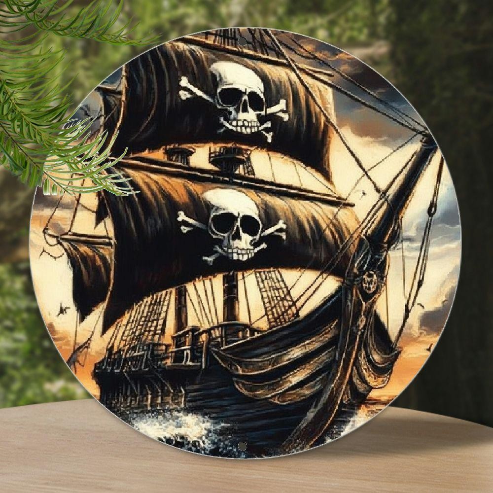 2D Flat, 1pc Vintage Nautical Pirate Ship Round  Wall Art - Tin Metal Signs 8x8