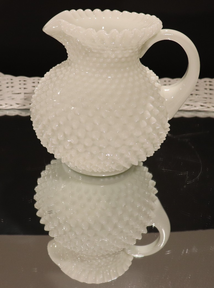 MCM FENTON MILK GLASS HOBNAIL LG HANDLED PITCHER #3967 8