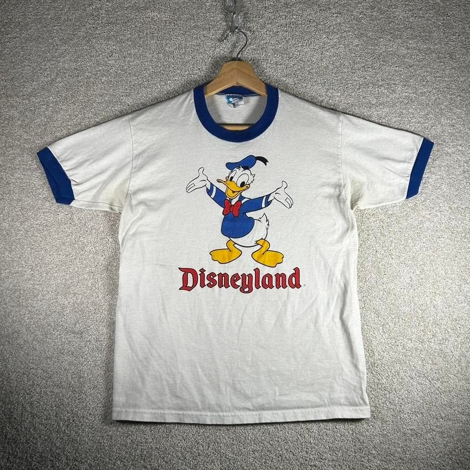 Vintage 80s Disneyland Donald Duck white and blue ringer tee shirt tshirt M