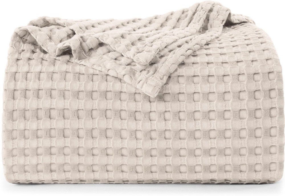 Soft Khaki 100% Cotton Waffle Blanket 300 GSM Queen Size 90x90 Inch Lightweight Comfort