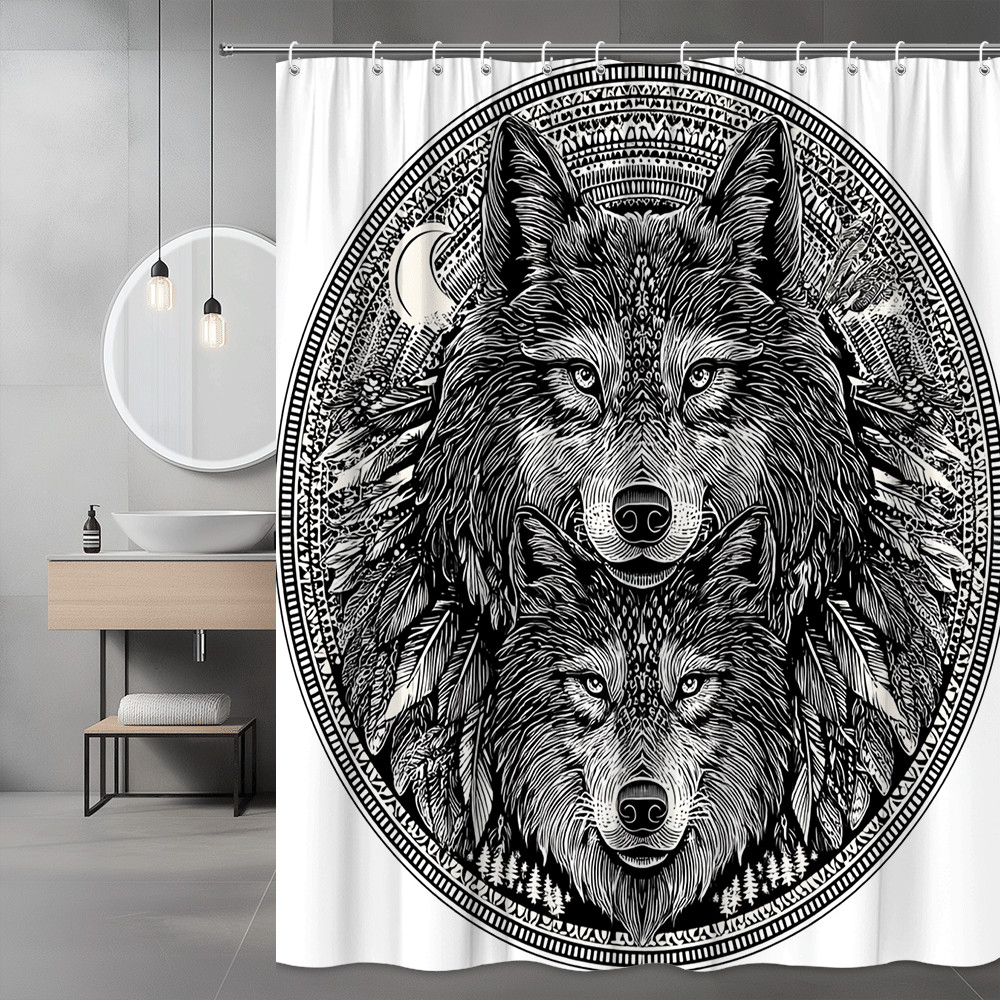 Wolf Shower Curtain Black and White Boho Circle Graphic