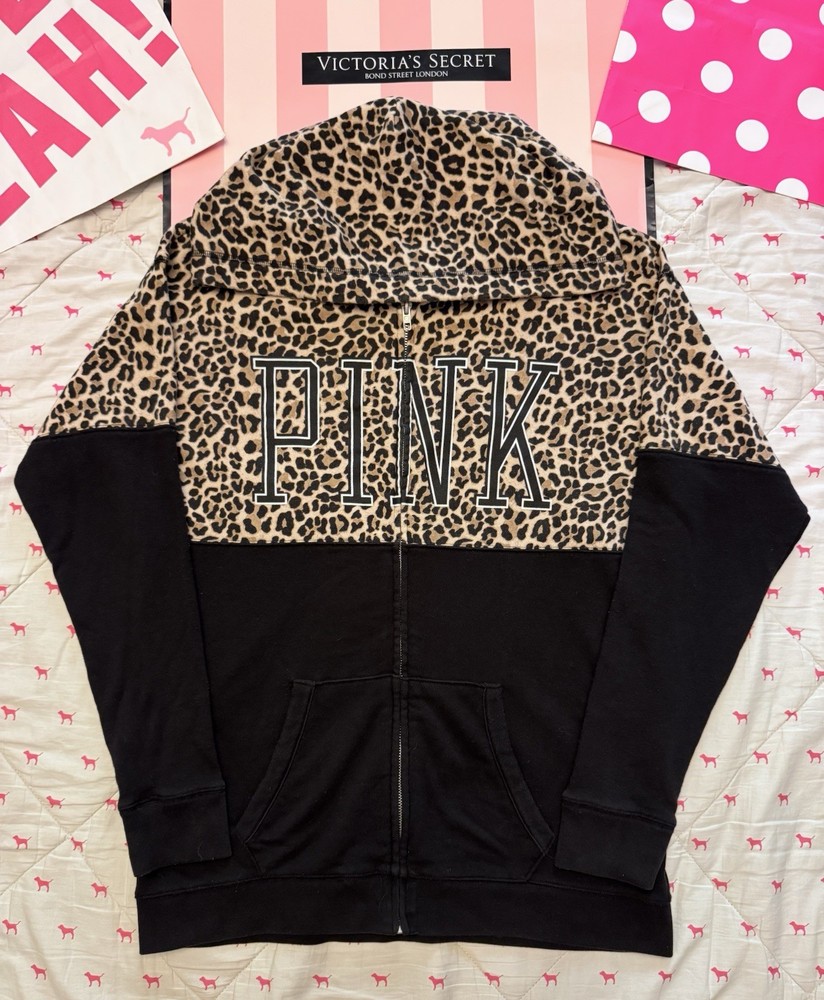 Vs Pink Vintage Y2K Boyfriend Full Zip Hoodie Leopard Cheetah Colorblock Rare M