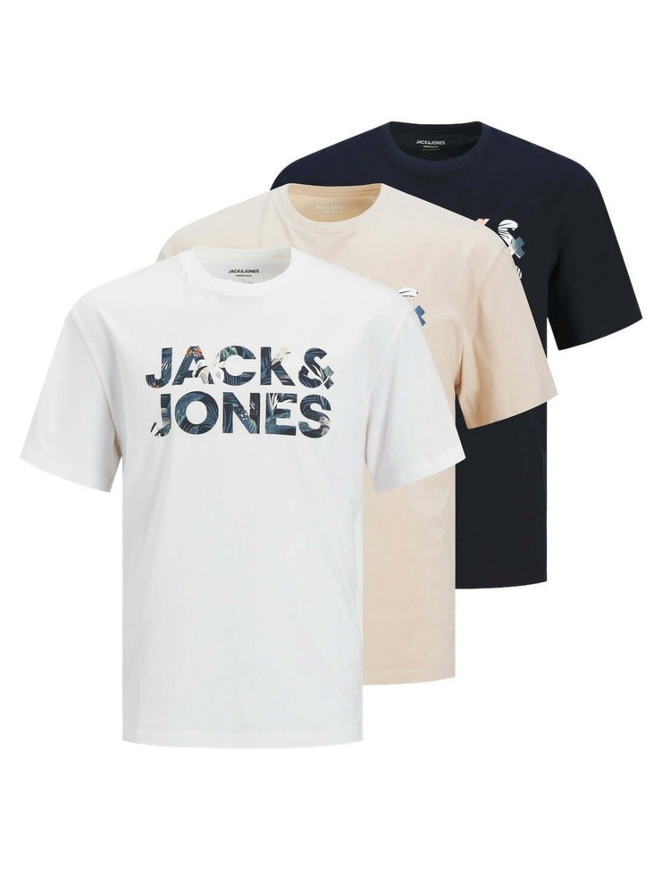 Jack & Jones Bryan 3-Pack Crew Neck T-Shirts in Beige White & Black