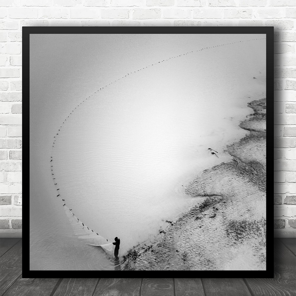 Net Fisherman B&W Beach Coast Sea Ocean Square Wall Art Print