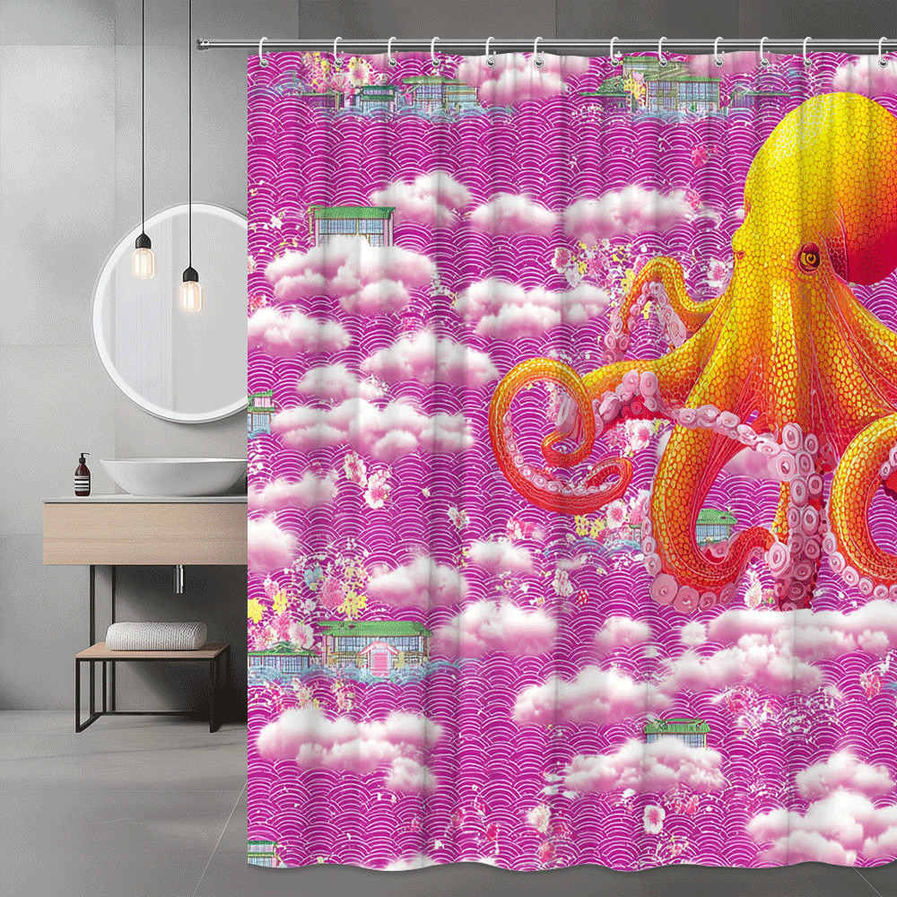 Octopus Shower Curtain Pink Ocean Waves Clouds Graphic