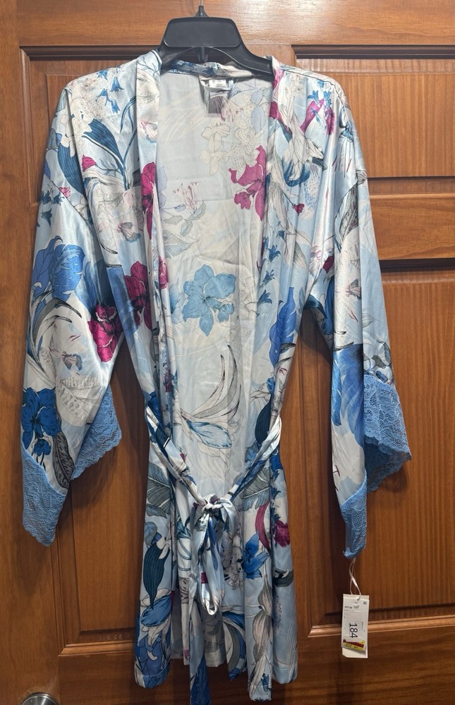 Linea Donatella Women's Ayanna Satin Lace-Trim Robe -Size L/XL  Blue