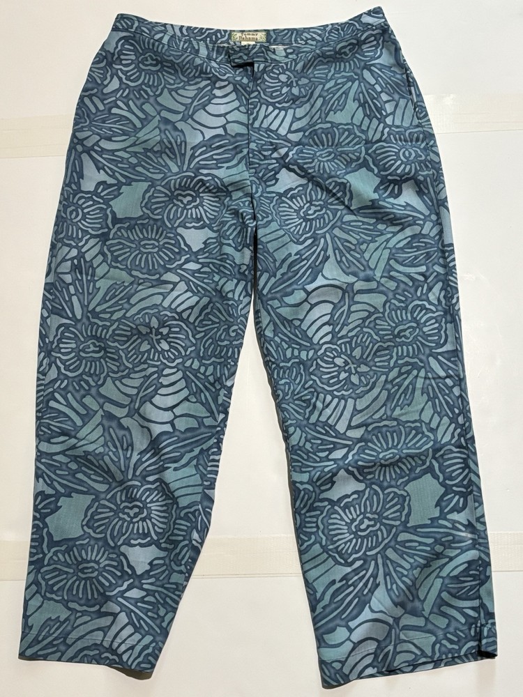 TOMMY BAHAMA Pants Women Sz 12 Teal Blue 100% Silk Herringbone Weave Floral Crop