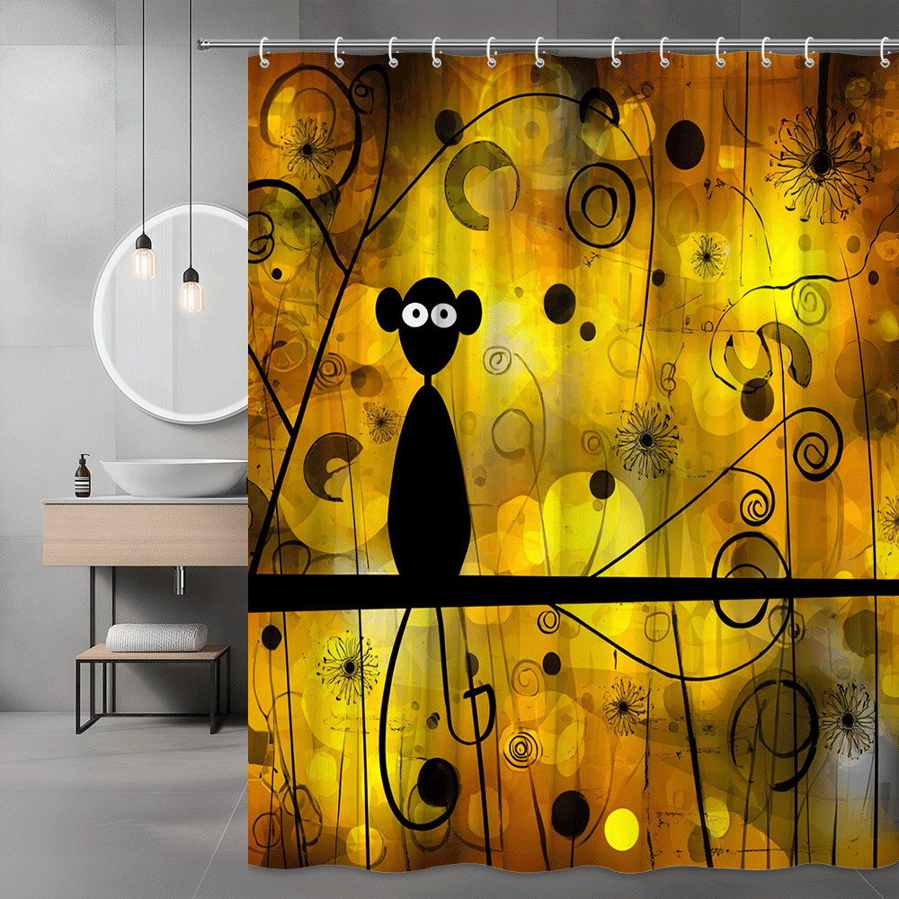 Abstract Black Cat Yellow Shower Curtain Graphic Art