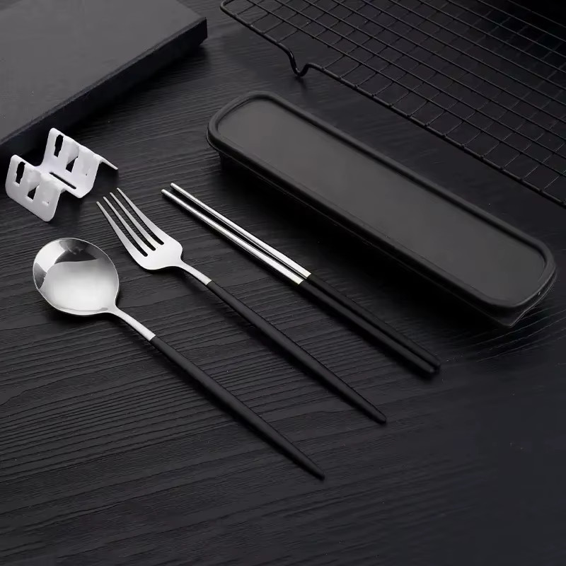 3Pcs Thin Portuguese Portable Stainless Steel Cutlery Chopsticks, Forks, Spoons,