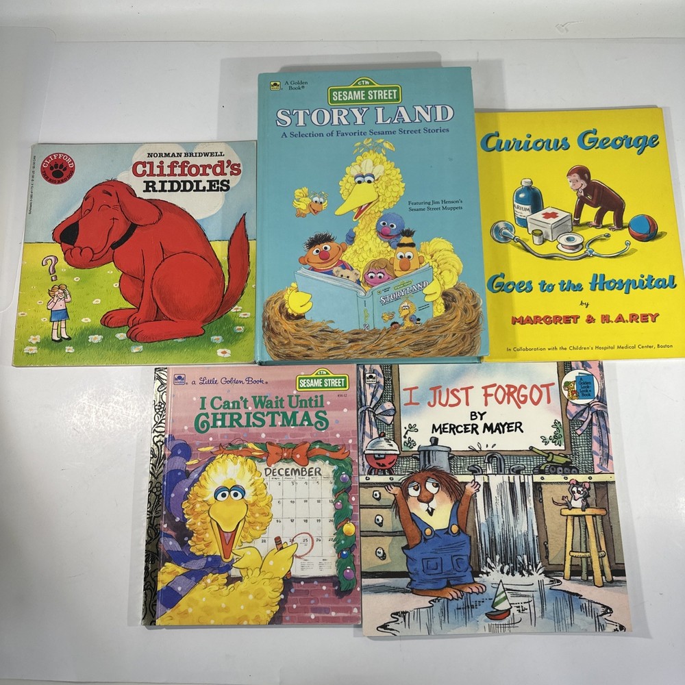 lot of 5 mixed books for children sesame street, curious george, clifford