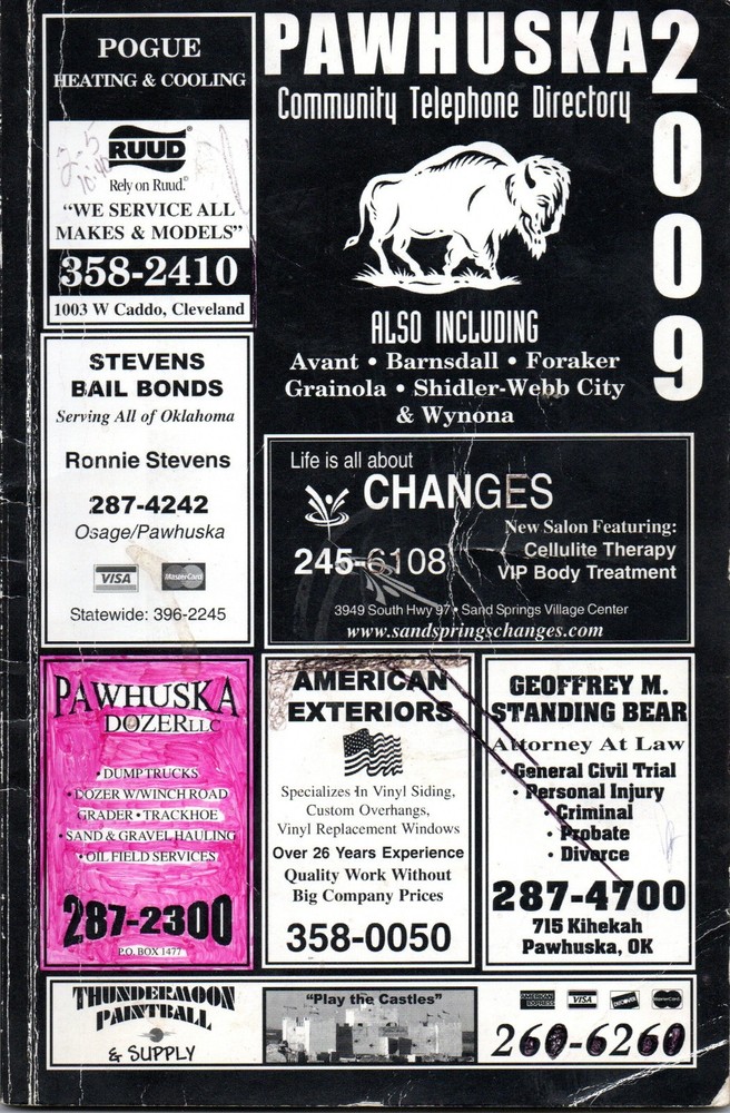 Pawhuska Oklahoma 2008-2009 Community Telephone Directory Phone Book 98 Pages