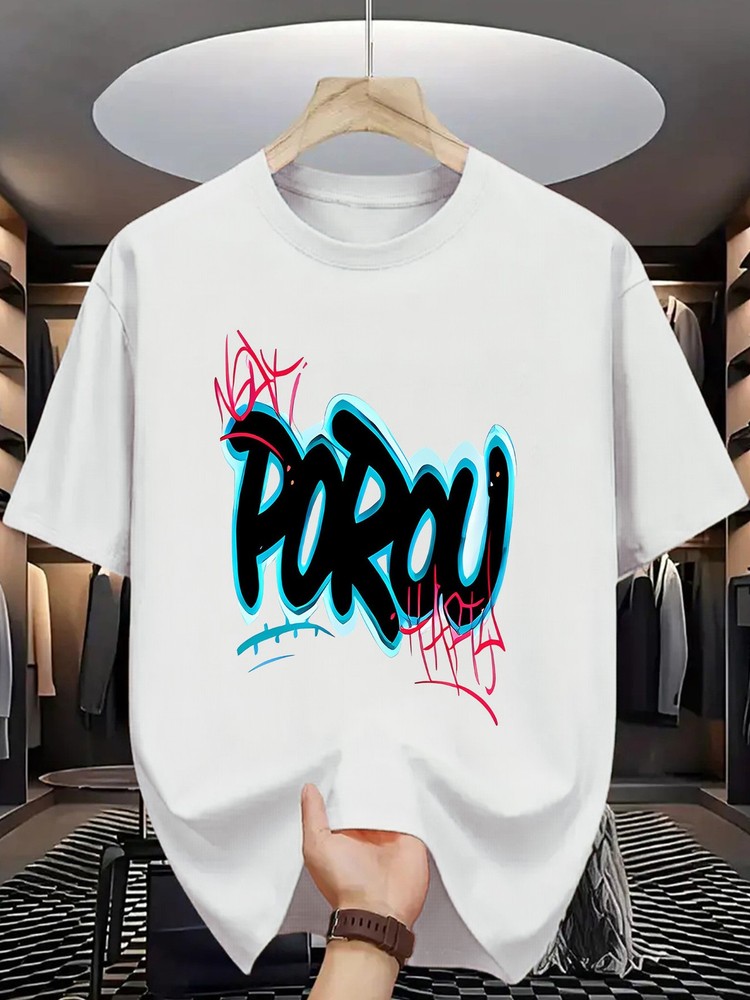Men Short-sleeved T-Shirt Scrawl Printed Round Collar Cotton Tee Comfy Pullover♪