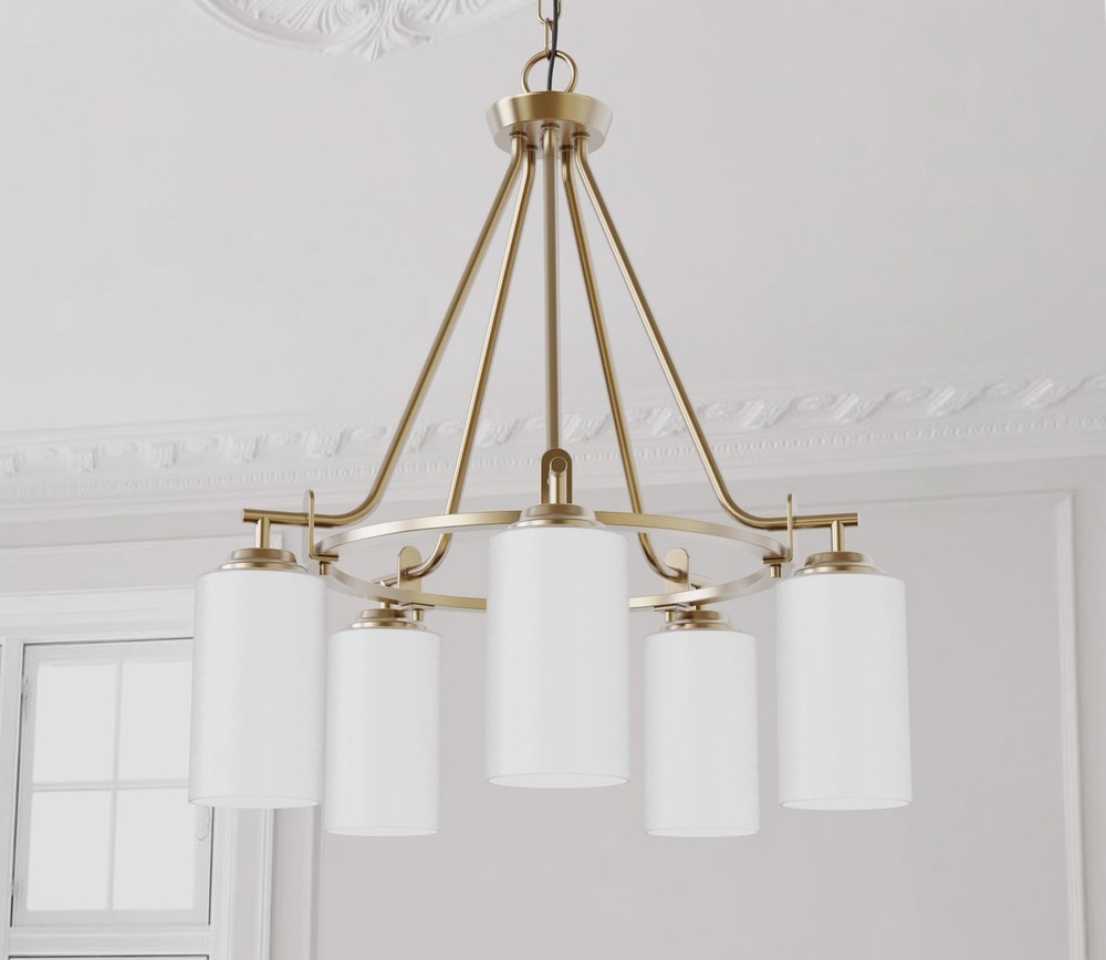 Eury 5-Light Modern Gold Chandelier with Etched Glass Pendant Ceiling Fixture