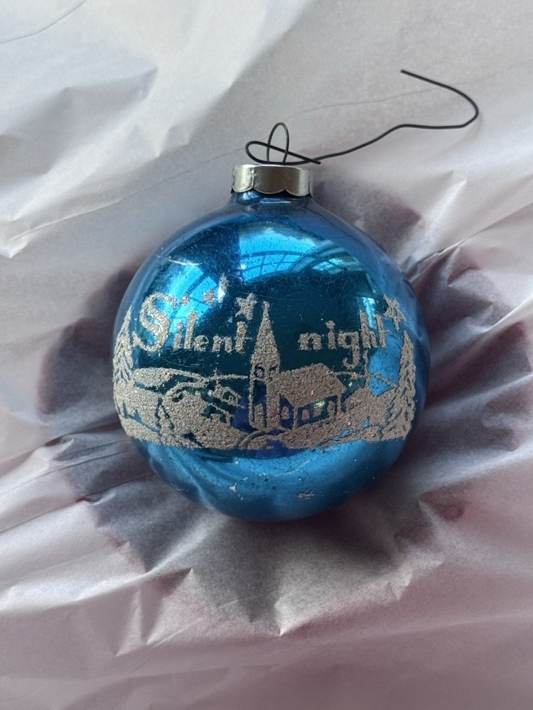 Vintage Shiny Brite Blue Mercury Glass Mica Stenciled Silent Night Ornament 3”