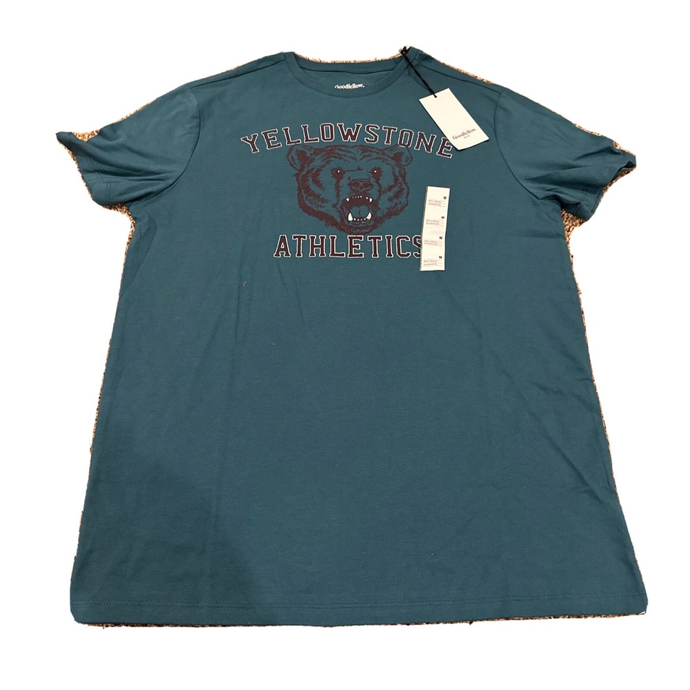 Goodfellow Men's Medium Yellow Stone Athletics Botanical Blue T-Shirt New With Tags