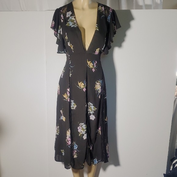 ASOS Black Floral Deep V Lace Chiffon Midi Dress Size 12