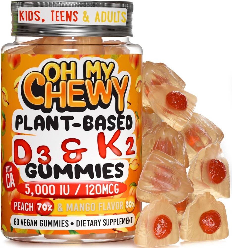 Gomitas de vitamina D3 K2 y calcio - 5000 UI, K2 (MK-7) 120 mcg y CA 120mg60 masticables