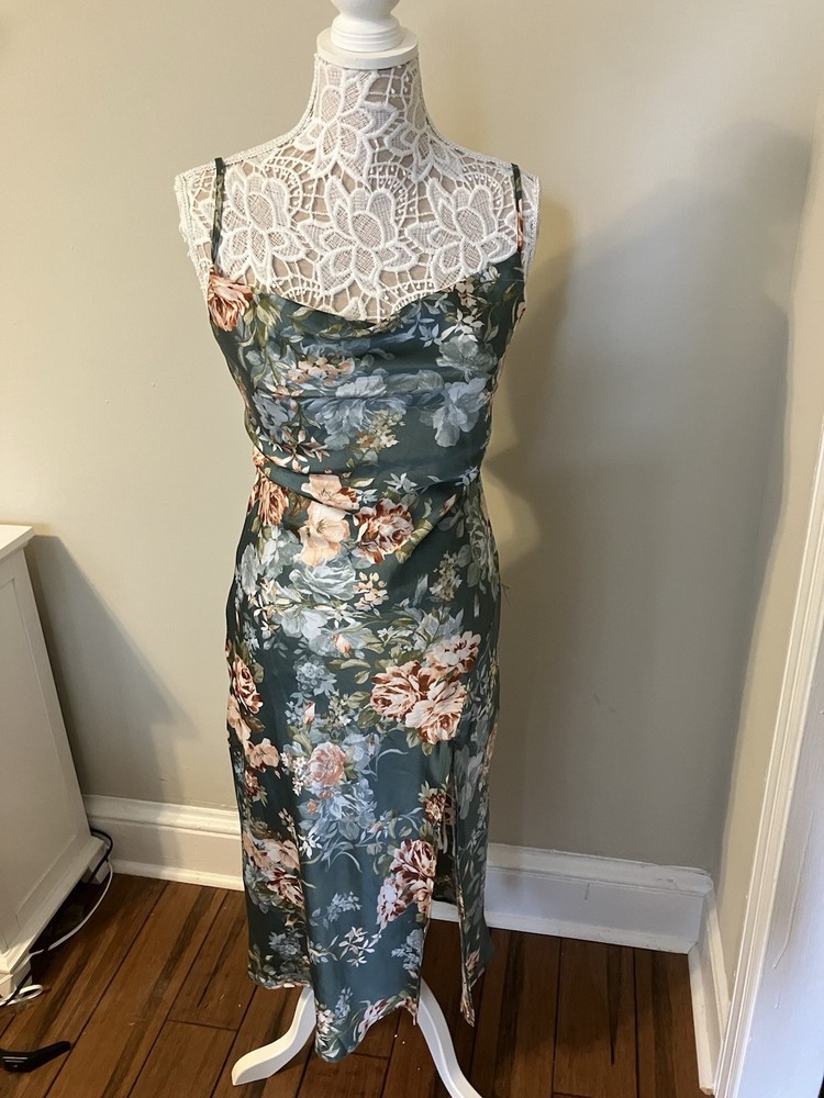 Hello Molly Green Floral Midi Slip Dress, Square Neck Straps Bow Back Size M