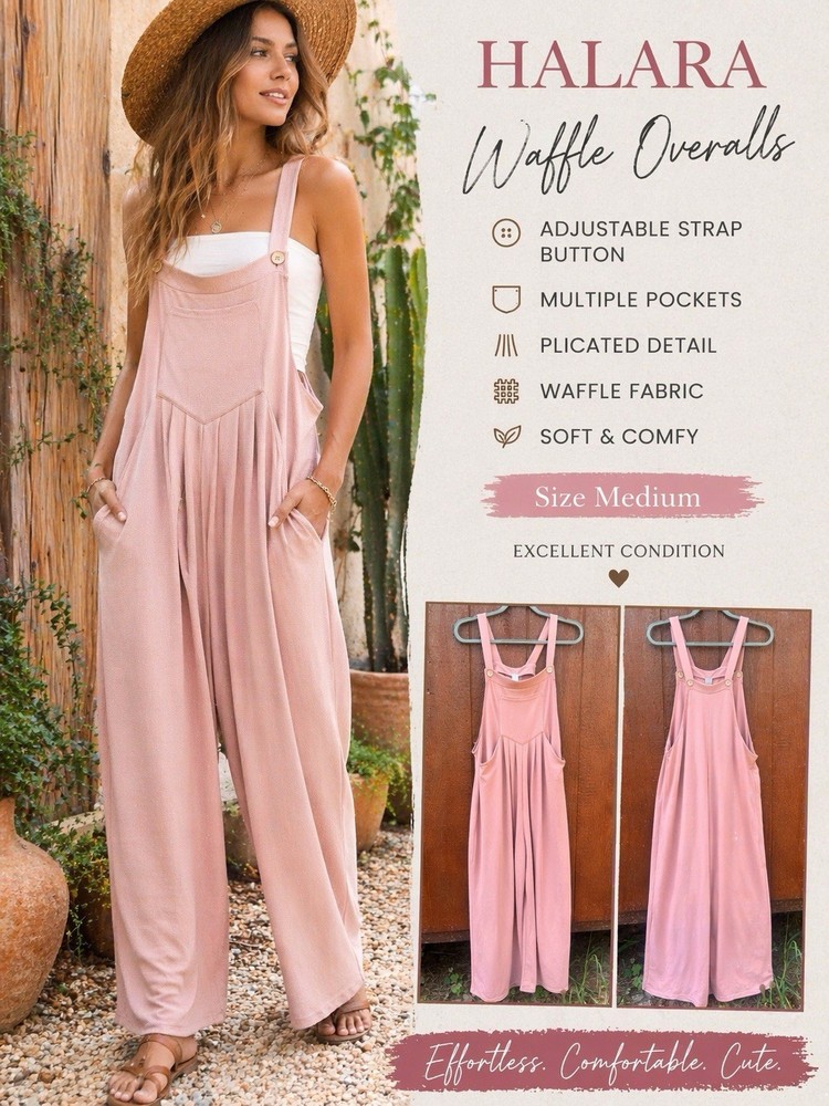Halara Waffle Overalls Size M Pink Jumpsuit Lightweight Casual Everyday Wear