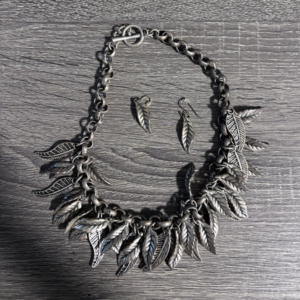 Vintage Silver Leaf Jewelry Set Necklace & Earrings Fashion for Women