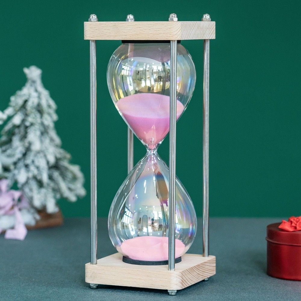 Large 60-Minute Hourglass Sand Timer,Pastel Macaron Glass & Natural Oak Wood ...
