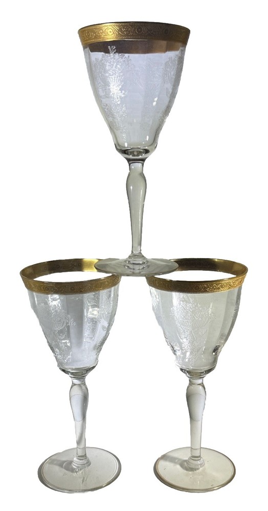 Set Of 3 Tiffin Franciscan Water Goblets Wine Glasses Encrusted Gold Rim Etched