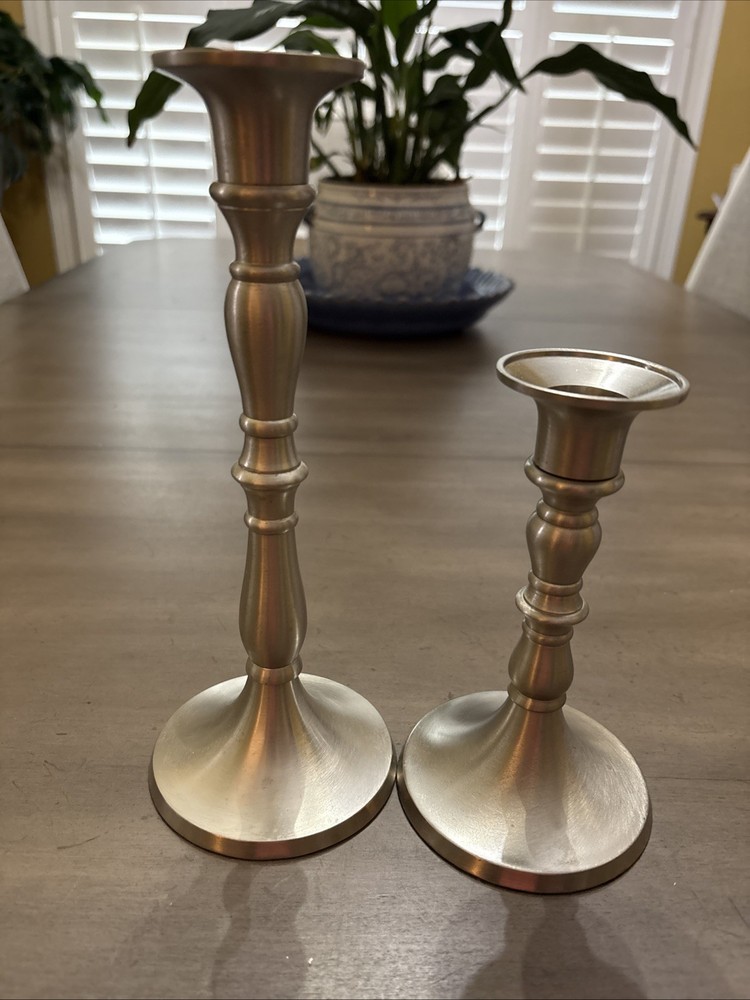 Pair of Pewter Candlesticks  by Indiana Glass Co.  6” and 8”