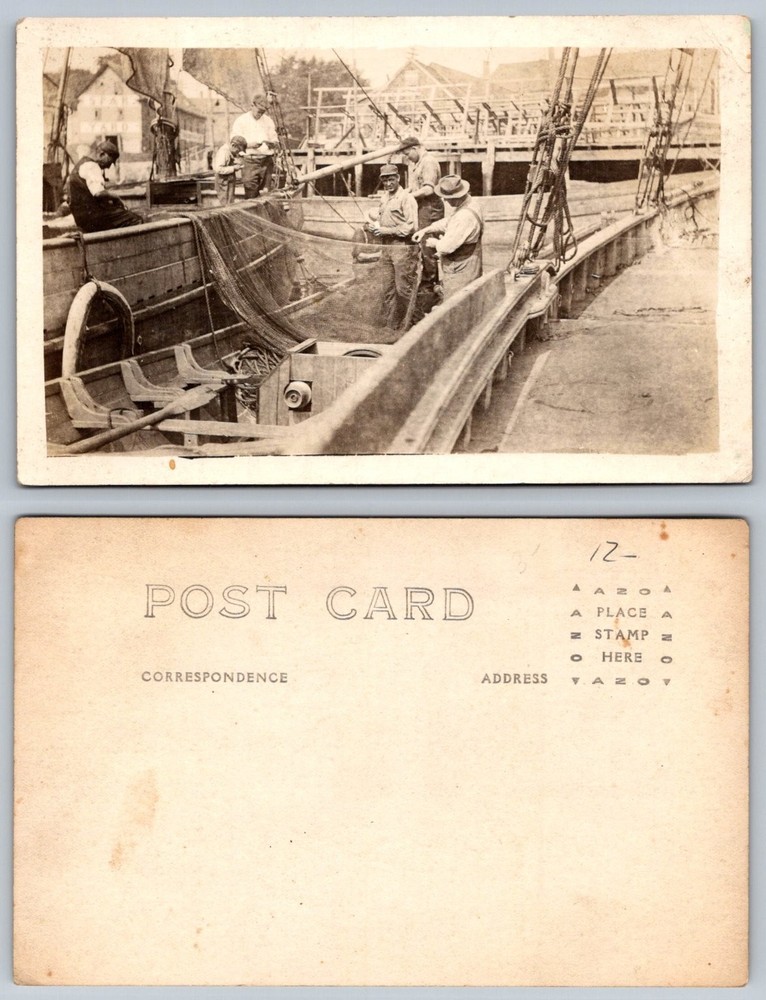 Vintage RPPC Fishermen Mending Nets on Boat Dockside Old Photo Postcard