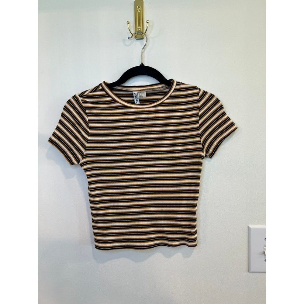 H&M Divided Ribbed Striped Baby Tee Mustard Black White Fitted Y2K Top M