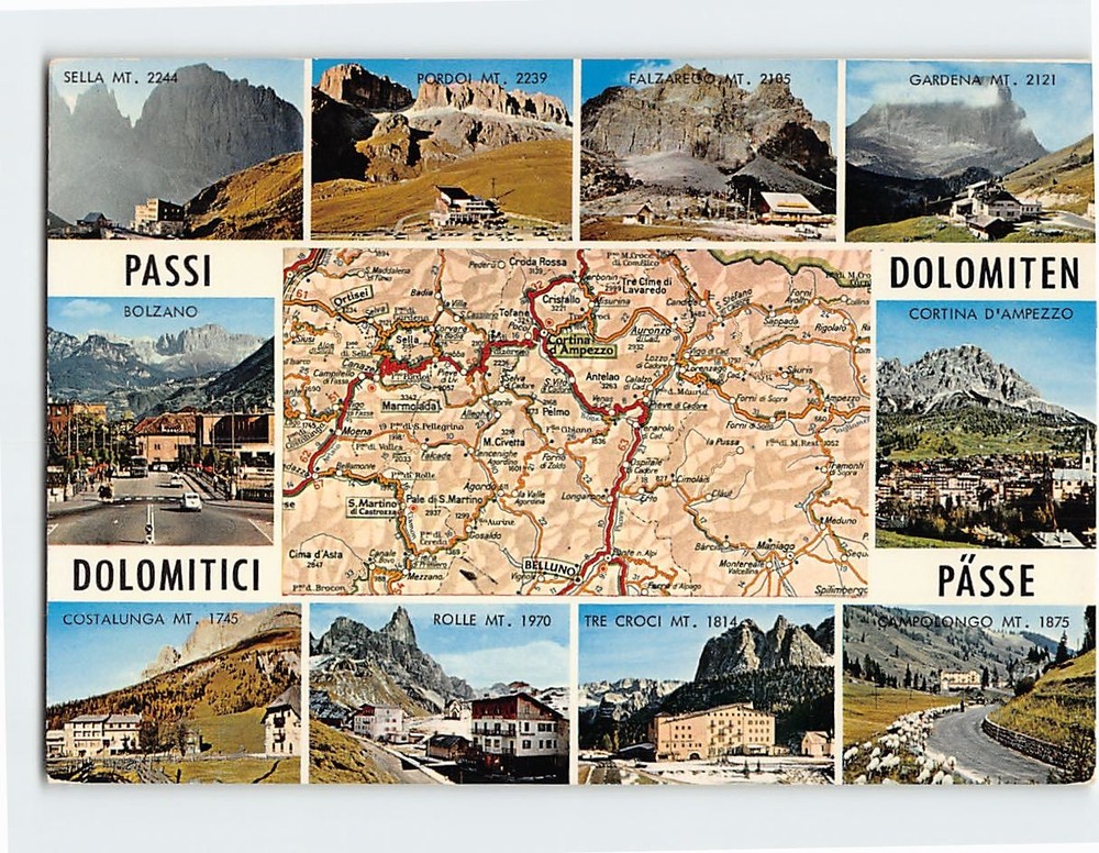 Postcard Map & Attractions Dolomites Mountain Range in Italy