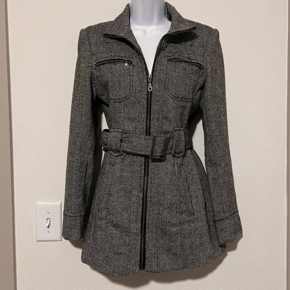 G by Guess Tweed Wool-Blend Belted Jacket in Gray, Size S