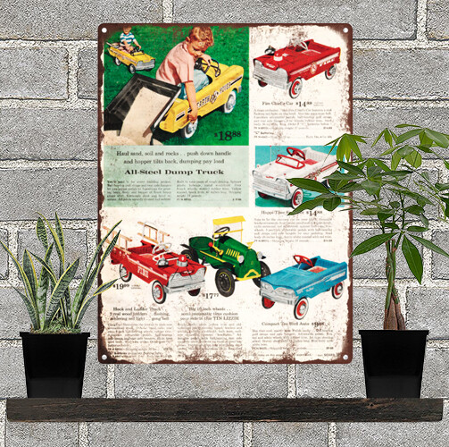 Pedal Car Fire Cheif Truck Gas Advertising Ad Baked Metal Repro Sign 9x12 60140