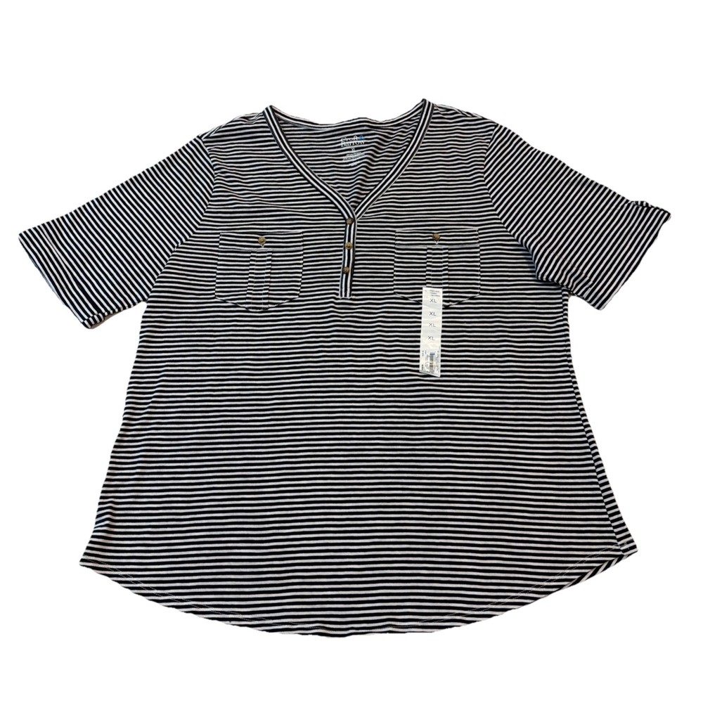 Croft & Barrow Elbow Sleeve Utility Henley Top Navy Stripe, Size:  XL NWT Button