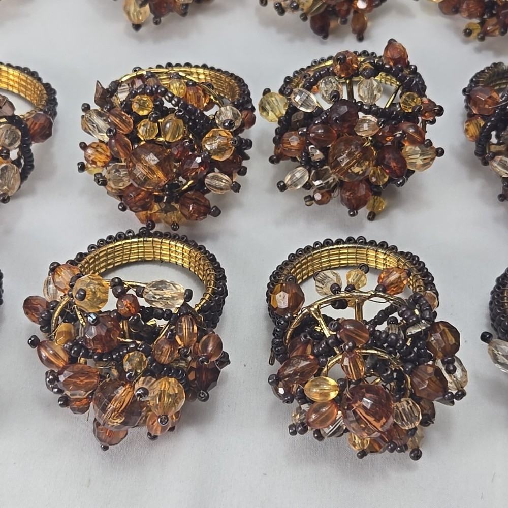 MCM Beaded Napkin Rings Set of 12 Brown Gold Amber Decorative Table Setting