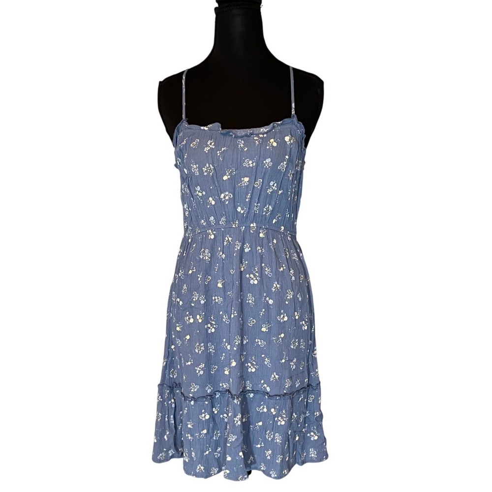 Pink Rose Blue Floral Print Ruffle Mini Dress Medium Coastal Cowgirl Cottagecore