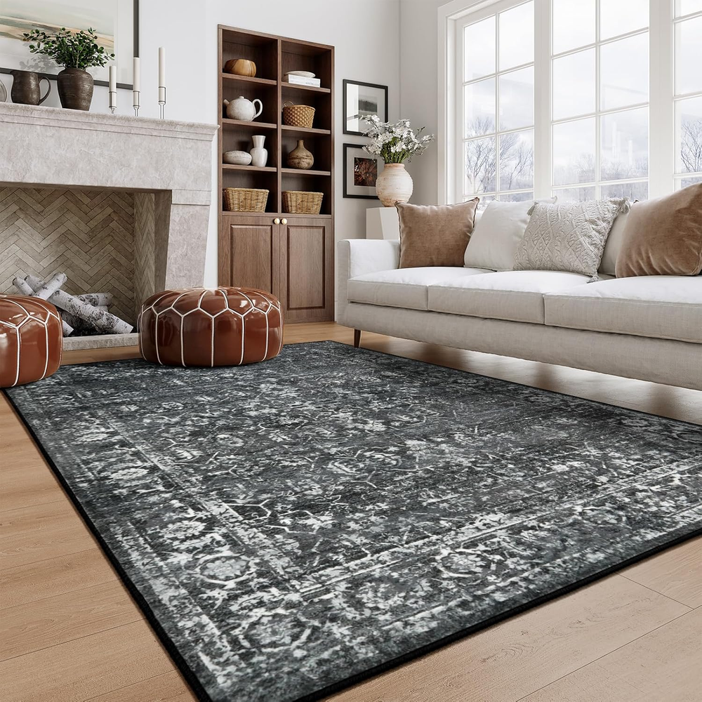 5X7 Washable Black Area Rugs for Living Room, Non Slip Bedroom Rug, Stain Resist