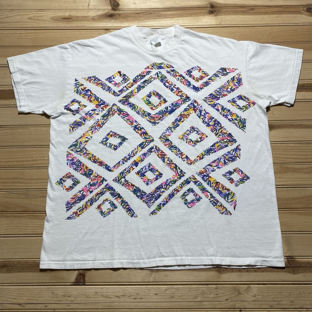 Vintage 90s Geometric AOP Colorful Abstract Scribble Art Sketch Shirt Size 2XL