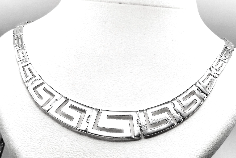 Handmade Sterling Silver 925 Ancient Greek Key Meander Link Necklace For Women