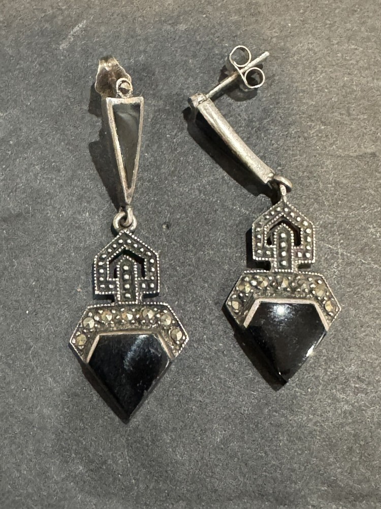 Vintage Sterling Silver Art Deco Style Onyx Marcasite Earrings