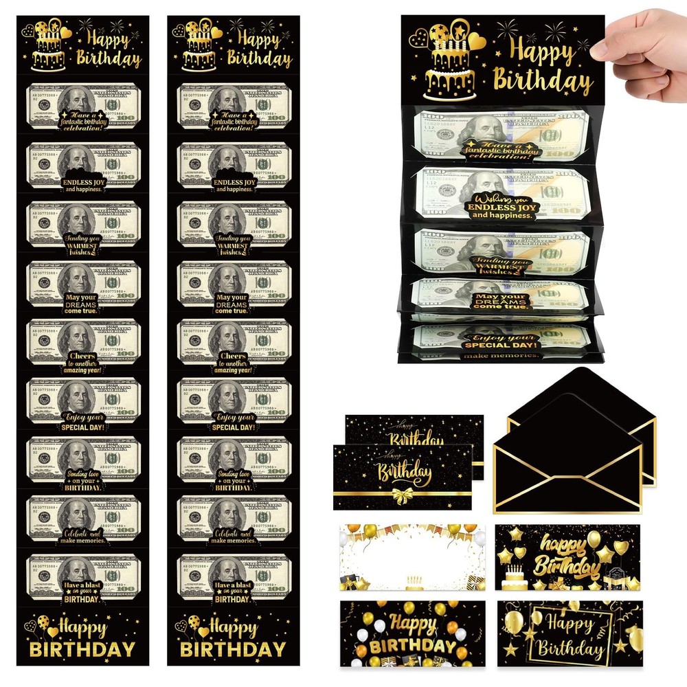 10PCS Birthday Money Holder Envelopes for Cash Black Gold Money Envelopes for...