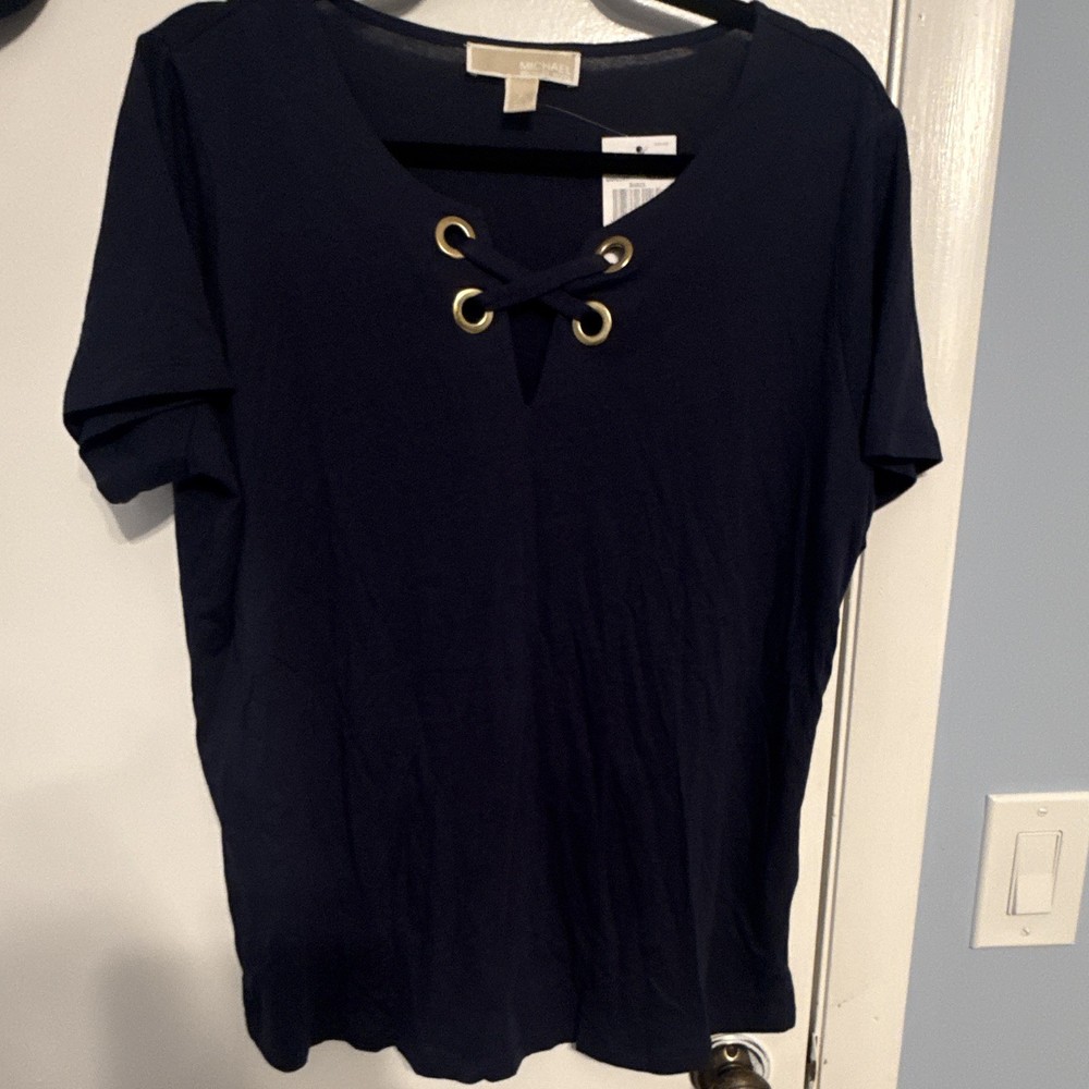 Michael Kors Women's Navy Solid V-Neck Lace-Up Grommet Short Sleeve Top XL