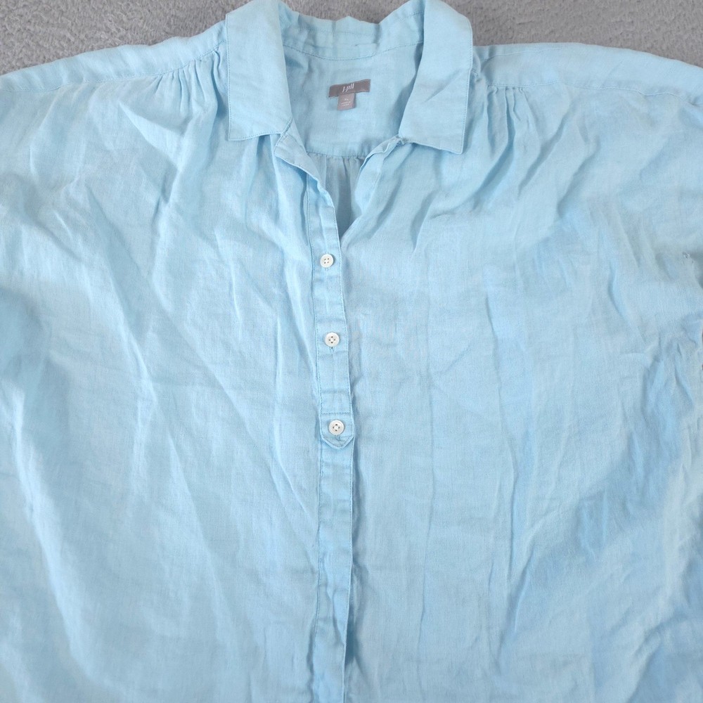 J.Jill Shirt Womens XL Blue 100% Linen Short Sleeve Button Down Cuffed Relaxed