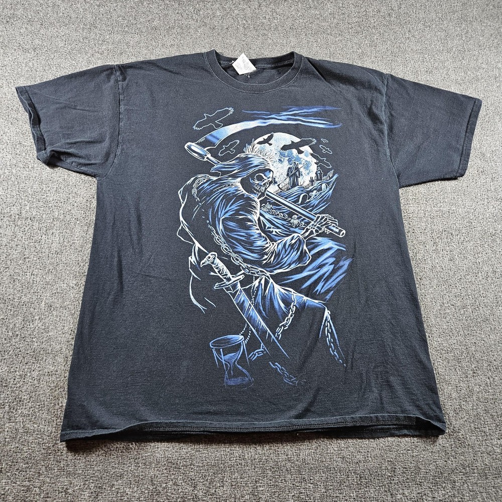 Jerzees Grim Reaper Shirt Mens XL Black Graphic Skeleton Scythe Gothic Tee