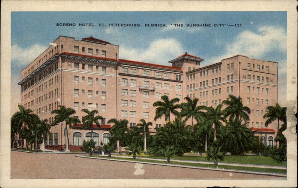 Soreno Hotel St Petersburg Florida palm trees ~ vintage 1930s linen postcard