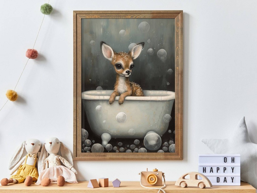 Vintage Nursery Art Cute Baby Deer Fawn In Bath Tub Wall Art For Nature And
