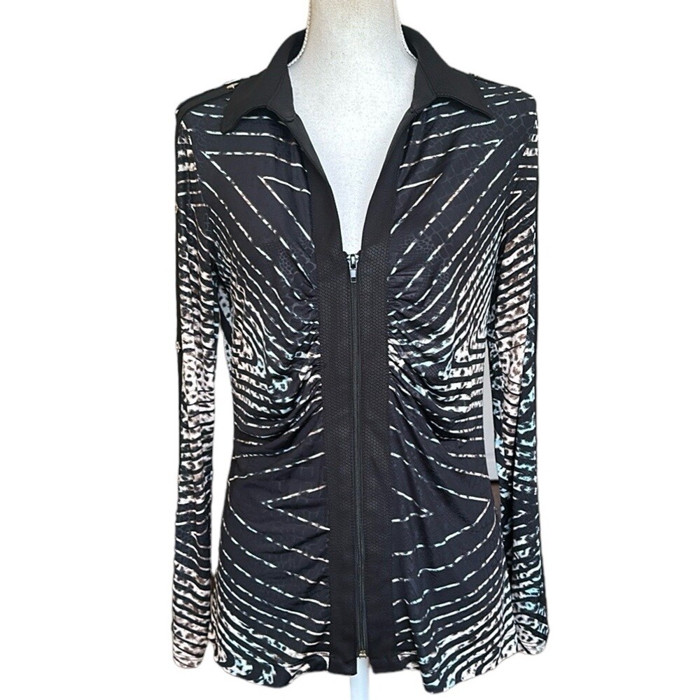 Barcelino Stretchy Zip Up Slimming Blouse Black Geometric Animal Print L